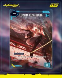  asymmetrical_bangs boots breasts card_(medium) character_name clothing_cutout cropped_jacket cyberpunk cyberpunk:_edgerunners cyberpunk_(series) cyberpunk_2077 cyberpunk_tcg dynamic_pose english_commentary english_text eyeliner falling full_body highleg highleg_leotard highres hip_vent knee_boots leotard looking_at_viewer lucy_(cyberpunk) makeup medium_breasts monowire multicolored_eyes multicolored_hair off-shoulder_jacket off_shoulder pantyhose red_eyeliner red_lips short_hair short_hair_with_long_locks shorts turtleneck turtleneck_leotard white_shorts 