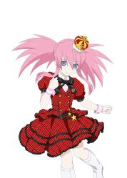  1girl alternate_costume artist_request black_ribbon blue_eyes boots closed_mouth cosplay cowboy_shot crown dress game_cg hair_between_eyes idolmaster long_hair looking_at_viewer mini_crown official_art pink_hair presea_combatir red_dress ribbon smile solo standing standing_on_one_leg tales_of_(series) tales_of_asteria tales_of_symphonia third-party_source transparent_background twintails white_boots 