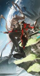  1girl absurdres angelina_(arknights) animal_ear_fluff animal_ears arknights arknights:_endfield black_boots black_dress black_gloves black_thighhighs boots bracelet breasts brown_hair coat dress elbow_gloves expressionless film_grain floating_hair fold-over_boots fox_ears fox_girl fox_tail full_body gilberta_(arknights) gloves grass hashtag-only_commentary headpiece heavy_film_grain high_collar highres impossible_clothes impossible_dress in_orbit infection_monitor_(arknights) jewelry kyoro_ina long_hair long_sleeves looking_at_viewer medium_breasts off_shoulder one_eye_closed open_clothes open_coat orange_eyes originium_arts_(arknights) planet red_coat shoe_soles short_dress simple_background sitting sleeveless sleeveless_dress solo solo_focus staff_riding tail thigh-highs twintails v 