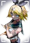  1girl absurdres aqua_nails ascot belt black_bow black_choker black_shorts blonde_hair blue_eyes bow breast_hold breasts choker closed_mouth collarbone crossed_arms foreshortening glaring glowing glowing_eyes gozenjuziame hair_bow hair_ornament hairclip highres kagamine_rin looking_at_viewer looking_up midriff pale_skin sailor_collar serious shirt shorts shoulder_tattoo solo tattoo treble_clef tsurime vocaloid white_shirt yellow_ascot 