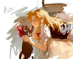  1girl aihara-rina animalization black_cat blonde_hair blush bow braid cat chinese_commentary closed_eyes commentary_request corrupted_twitter_file dated frilled_bow frills hair_bow hakurei_reimu heart highres kirisame_marisa kiss kissing_hand lying on_bed on_stomach red_bow side_braid signature single_braid touhou 