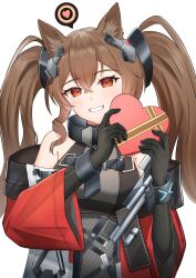  1girl angelina_(arknights) animal_ear_fluff animal_ears arknights arknights:_endfield bare_shoulders black_gloves box bracelet breasts brown_hair coat diamond-shaped_pupils diamond_(shape) dot_nose double-parted_bangs dress elbow_gloves fox_ears fox_girl gift gilberta_(arknights) gloves grey_dress grin hair_between_eyes headpiece heart heart-shaped_box high_collar holding holding_box holding_gift impossible_clothes impossible_dress infection_monitor_(arknights) jewelry k@bu large_breasts light_blush long_hair long_sidelocks looking_at_viewer off_shoulder red_coat red_eyes sidelocks simple_background sleeveless sleeveless_dress smile solo spoken_heart symbol-shaped_pupils twintails upper_body valentine white_background wide_sleeves 