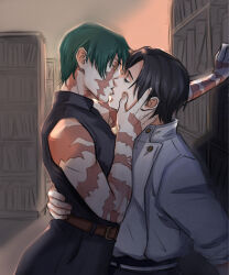  1boy 1girl burn_scar closed_eyes couple from_side half-closed_eyes hand_on_another's_face hand_on_another's_waist highres hug indoors jujutsu_kaisen kabedon kiss library lumen_sky multiple_scars muscular muscular_female okkotsu_yuuta pixie_cut scar scar_on_arm scar_on_face scars_all_over short_hair simple_background very_short_hair zen'in_maki zen'in_maki_(post_shibuya) 