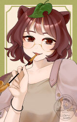  1girl :3 absurdres animal_ears artist_logo border bracelet breasts brown_background brown_eyes brown_hair brown_sleeves collarbone commentary_request eclair_senpai fingernails futatsuiwa_mamizou glasses green_border green_shirt highres holding holding_smoking_pipe jewelry kiseru leaf leaf_on_head logo long_fingernails looking_at_viewer medium_breasts medium_hair open_mouth partial_commentary raccoon_ears raccoon_girl raccoon_tail round_eyewear shirt short_sleeves signature smile smoking_pipe solo swept_bangs tail touhou upper_body watermark 