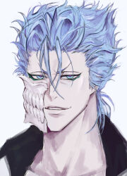  1boy 22nae2 bleach blue_hair commentary_request eyeliner green_eyeliner grimmjow_jaegerjaquez highres hollow_mask korean_commentary looking_at_viewer makeup male_focus mask parted_lips portrait short_hair simple_background solo teeth white_background 