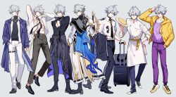  1boy abs alternate_costume antenna_hair armor black_choker black_gloves black_necktie black_pants black_shirt black_sweater blue_coat blue_eyes choker coat collared_shirt commentary_request dawnmaker_(honkai:_star_rail) fingerless_gloves gloves highres holding holding_plate holding_sword holding_weapon honkai:_star_rail honkai_(series) hood hoodie male_focus multiple_views neck_tattoo necktie official_alternate_costume open_clothes open_coat open_hoodie open_shirt pants parted_bangs pauldrons phainon_(alternate_spacetime)_(honkai:_star_rail) phainon_(anan)_(honkai:_star_rail) phainon_(chrysos_chef)_(honkai:_star_rail) phainon_(fashion)_(honkai:_star_rail) phainon_(honkai:_star_rail) phainon_(luckin_coffee)_(honkai:_star_rail) plate purple_pants shirt short_hair shoulder_armor single_pauldron sun_symbol sun_tattoo sweater sword tattoo toned toned_male turtleneck turtleneck_sweater weapon white_coat white_hair white_pants white_shirt yellow_hoodie yuelinpanp98413 