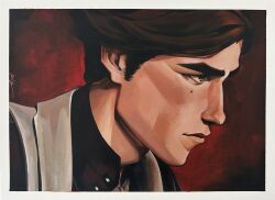  1boy arcane:_league_of_legends black_shirt border brown_eyes brown_hair closed_mouth commentary english_commentary highres jacket league_of_legends male_focus mole mole_under_eye otaku_pig shirt short_sideburns sideburns solo thick_eyebrows traditional_media viktor_(league_of_legends) white_border white_jacket 