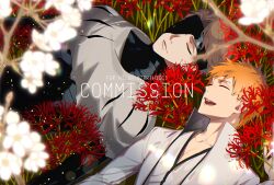  2boys aizen_sousuke aizen_sousuke_(cosplay) bleach bleach:_sennen_kessen-hen brown_hair coat commission commissioner_name cosplay enpissi eyepatch flower kurosaki_ichigo lying male_focus multiple_boys on_back open_mouth orange_hair smile spider_lily watermark white_coat 