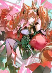  1girl :d absurdres angelina_(arknights) animal_ear_fluff animal_ears arknights arknights:_endfield bare_shoulders black_boots black_dress black_gloves black_thighhighs boots bracelet breasts broom coat dress drill_hair finger_to_cheek fold-over_boots foot_out_of_frame fox_ears fox_girl gilberta_(arknights) gloves grey_dress high_collar highres impossible_clothes impossible_dress infection_monitor_(arknights) jewelry long_hair long_sleeves looking_at_viewer majiro_(mazurka) medium_breasts off_shoulder open_clothes open_coat orange_eyes orange_hair pantyhose red_coat red_eyes short_dress sleeveless sleeveless_dress smile solo thigh-highs twin_drills twintails white_background 