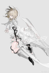  absurdres asymmetrical_legwear beret blonde_hair feathers frilled_shirt_collar frills from_side goth_fashion green_eyes grey_background hat highres kneehighs medium_hair original profile shirt shorts simple_background socks solardark09 waist_cape watermark weibo_username weibo_watermark white_feathers white_hat white_shirt white_shorts white_socks white_wings wings 