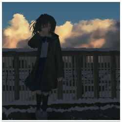  1girl 280km absurdres black_hair black_socks blue_bow blue_bowtie blue_eyes blue_skirt blue_sky border bow bowtie coat dark dress_shirt fence full_body green_coat hand_up highres kneehighs orange_clouds original round_eyewear shirt shoes short_hair skirt sky snow socks solo standing white_border white_shoes white_skirt 