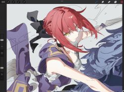  1girl art_program_in_frame black_bow black_choker bow bow_(weapon) choker closed_mouth fate/strange_fake fate_(series) floating_hair from_side frown hair_bow hair_bun highres hippolyta_(fate) holding holding_bow_(weapon) holding_weapon horseback_riding looking_at_viewer medium_hair mengaijiang924 purple_sash red_hair riding sash sidelocks solo weapon yellow_eyes 