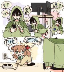  1boy 1girl absurdres ahoge black_hair blue_eyes bow bowtie brown_hair cardigan green_hoodie hair_between_eyes hair_ornament hair_ribbon heart heart_hair_ornament highres hood hoodie long_hair long_sleeves neuro-sama owo_uou power_cord red_ribbon ribbon skirt turtle_costume two_side_up vedal987 vedal_ai virtual_youtuber yellow_cardigan 