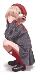  1girl absurdres beret black_shoes blunt_bangs braid brown_hair closed_eyes commentary_request elbows_on_knees from_side full_body grey_jacket grey_skirt grin hair_ornament hair_rings hands_on_own_cheeks hands_on_own_face hat head_rest highres indie_virtual_youtuber jacket kneehighs legwear_garter loafers long_sleeves miniskirt nayuyu1105 pinstripe_jacket pinstripe_pattern pinstripe_skirt pleated_skirt pom_pom_(clothes) pom_pom_brooch pom_pom_hair_ornament red_hat red_sailor_collar red_socks sailor_collar school_uniform shadow shigure_ui_(1st_costume)_(vtuber) shigure_ui_(vtuber) shoes short_hair side_braid side_up_ring skirt sleeve_cuffs smile socks solo squatting virtual_youtuber winter_uniform 
