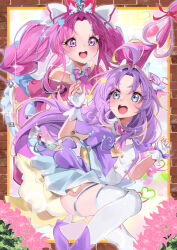  2girls absurdres ahoge akechi_anna blue_eyes blunt_bangs blush bow braid brooch capelet commentary_request cure_answer cure_mystique double_bun dress earrings fingerless_gloves glove_bow gloves hair_bow hair_bun hair_intakes hair_ornament heart heart_brooch heart_hair_ornament heart_in_eye highres housei_fenoru jewelry kobayashi_mikuru layered_dress long_hair looking_at_another magical_girl meitantei_precure! multiple_girls open_mouth parted_bangs pink_bow pink_capelet pink_dress precure purple_bow purple_capelet purple_dress purple_hair rainbow red_bow sidelocks skirt smile symbol_in_eye teeth twin_braids upper_teeth_only very_long_hair violet_eyes white_gloves 