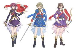  3girls absurdres aiguillette arrow_(projectile) belt black_boots black_jacket blonde_hair blue_jacket blue_skirt boots bow bow_(weapon) bowtie brown_eyes brown_hair brume_(reverse:1999) celia_(reverse:1999) chinese_commentary commentary_request cosplay epaulettes felicienne_(reverse:1999) flower freckles full_body fur-trimmed_jacket fur_trim glasses hair_flower hair_ornament hand_up highres holding holding_arrow holding_bow_(weapon) holding_sword holding_weapon jacket jacket_on_shoulders looking_at_viewer miniskirt multiple_girls parted_lips pleated_skirt purple_bow purple_bowtie purple_hair purple_jacket purple_skirt red_jacket red_sash reverse:1999 rokilly round_eyewear sash short_hair shoujo_kageki_revue_starlight shoulder_sash skirt smile standing sword violet_eyes weapon white_background white_flower yellow_belt yellow_eyes 