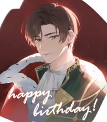  1boy artem_wing_(tears_of_themis) blue_eyes brown_background brown_hair closed_mouth commentary_request green_jacket happy_birthday highres jacket jyan512 korean_commentary light_smile looking_at_viewer male_focus shirt solo tears_of_themis thick_eyebrows two-tone_background upper_body white_background white_shirt 