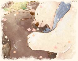  artist_name bear blue_scarf bluesofburkhart brown_bear brown_fur brown_vest cherry_blossoms claws commentary english_commentary grass grizzly_(shirokuma_cafe) highres hug lying on_back on_ground on_side open_mouth polar_bear scarf shirokuma_(shirokuma_cafe) shirokuma_cafe sleeping vest white_fur 