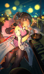  1girl absurdres ahoge animal_ears ardelia_(arknights) arknights arknights:_endfield artist_name backlighting bare_shoulders blurry bow bowtie chopsticks clothes_around_waist collared_dress counter depth_of_field dress drill_hair english_commentary eyjafjalla_(arknights) feet_out_of_frame food fur-trimmed_dress fur_trim gloves grin hair_ornament hairclip hand_up head_rest highres holding holding_chopsticks horns jacket jacket_around_waist long_hair looking_at_viewer night noodles outdoors pantyhose pink_dress ramen red_eyes sheep sheep_ears sheep_girl sheep_hair_ornament sheep_horns short_dress side_ponytail sitting sitting_sideways sleeveless sleeveless_dress smile solo spindrift tata_(arknights) teeth thighs torn_clothes torn_pantyhose white_bow white_bowtie white_gloves white_jacket white_sleeves 