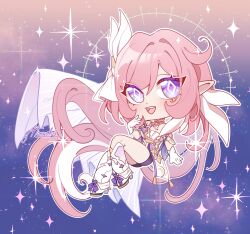  1girl absurdres black_shorts boots chibi corset diamond-shaped_pupils diamond_(shape) elf elysia_(herrscher_of_human:_ego)_(honkai_impact) elysia_(honkai_impact) gradient_background hashtag-only_commentary highres honkai_(series) honkai_impact_3rd long_hair looking_at_viewer multicolored_hair open_mouth pink_hair pointy_ears pristinemori shorts smile solo symbol-shaped_pupils triquetra two-tone_hair veil very_long_hair violet_eyes white_boots white_corset white_hair white_veil 