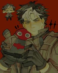  1boy batman_(series) batman_symbol belt black_bodysuit black_gloves black_hair blue_eyes bodysuit brown_jacket character_doll dc_comics doll gloves grey_bodysuit hashtag-only_commentary highres jacket jason_todd male_focus mask multicolored_bodysuit muscular muscular_male open_clothes pants red_hood_(dc) red_hood_and_the_outlaws red_mask short_hair superhero_costume taut_bodysuit two-tone_bodysuit utility_belt zhienzhienx_x 