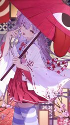  1girl absurdres cherry_blossoms clrawing grey_eyes heterochromia highres japanese_clothes long_hair looking_at_viewer purple_hair solo standing stellive tenko_shibuki tongue tongue_out yellow_eyes 