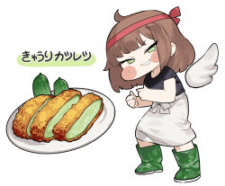  1girl blush_stickers boots brown_hair chibi chibi_only cucumber cutlet green_eyes grin headband kyuri_(trickcal) medium_hair rubber_boots smile smirk solo soosaresu translated trickcal white_background wings 