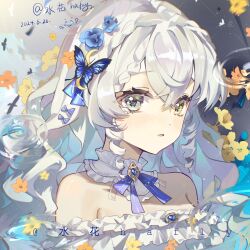  1girl absurdres armpit_crease artist_name bare_shoulders blue_butterfly blue_flower blue_gem braid bug butterfly butterfly_hair_ornament choker crossed_bangs dated dot_nose eyelashes flower frills gem grey_eyes hafly hair_between_eyes hair_flower hair_ornament heterochromia highres long_hair looking_at_viewer off_shoulder original parted_lips ripples sidelocks solo watermark white_hair yellow_eyes yellow_flower 