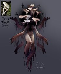  1girl english_text extra_arms feefal full_body funguary highres leotard monster monster_girl mushroom mushroom_girl object_and_personification original personification photo_inset reference_inset signature simple_background solo 