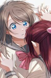  2girls absurdres blue_eyes bow bowtie brown_hair collarbone commentary grey_sailor_collar half_updo highres holding_hands interlocked_fingers long_hair long_sleeves looking_at_another love_live! love_live!_sunshine!! medium_hair multiple_girls parted_lips red_bow red_bowtie red_hair sailor_collar sakurauchi_riko school_uniform shirt simple_background story_in_commentary uranohoshi_school_uniform watanabe_you white_background white_shirt wide-eyed winter_uniform yuchi_(salmon-1000) yuri 