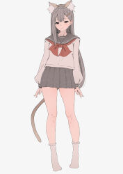  1boy absurdres akaihoppe animal_ear_fluff animal_ears bow brown_eyes cat_ears cat_tail closed_mouth collarbone commentary crossdressing crossdressing_(mtf) fake_animal_ears fake_tail full_body grey_hair hair_between_eyes hair_ornament hairclip highres long_hair looking_at_viewer original pleated_skirt red_bow sailor_collar school_uniform serafuku shirt simple_background skirt smile socks solo standing tail trap white_shirt white_socks 