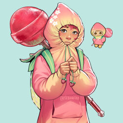  1girl backpack bag blue_background blush brown_eyes candy closed_mouth commentary cookie_run cookie_run:_kingdom drawstring english_commentary food freckles frown fruit green_bag hands_up holding hood hood_up hoodie humanization lips lollipop long_sleeves nijuuni official_art_inset oversized_food oversized_object pink_hair pink_hoodie pocket puffy_long_sleeves puffy_sleeves raised_eyebrows realistic reference_inset short_hair simple_background solo strawberry strawberry_cookie strawberry_cookie_(unripe_berry) tareme thick_eyebrows twitter_username upper_body weapon weapon_on_back 