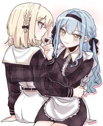  2girls apron at_09098 bang_dream! bang_dream!_it's_mygo!!!!! black_dress black_hairband black_ribbon blonde_hair blue_hair braid candy chocolate commentary_request dress feeding food hair_ribbon hairband heart heart-shaped_chocolate heart-shaped_food highres korean_commentary long_hair long_sleeves medium_hair misumi_uika multiple_girls open_mouth plaid_clothes plaid_dress ribbon side_braid simple_background togawa_sakiko violet_eyes waist_apron white_apron white_background yuri 
