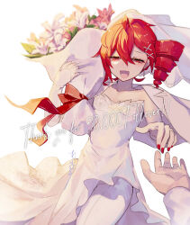  1boy 1girl ahoge alternate_costume bouquet commentary_request detached_sleeves dress drill_hair english_text flat_chest hair_ornament half-closed_eyes highres jacket jacket_on_shoulders jewelry kasane_teto looking_at_viewer milestone_celebration open_mouth out_of_frame red_eyes red_hair red_nails ring single_detached_sleeve smile strapless strapless_dress thank_you torino_sasami twin_drills utau veil wedding_dress wedding_ring white_background white_dress white_jacket x_hair_ornament 