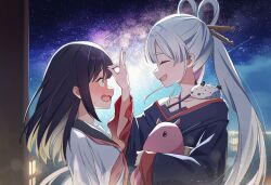  2girls black_hair black_kimono black_sailor_collar blonde_hair blue_eyes blush cho_kaguya-hime! closed_eyes colored_inner_hair commentary_request criss-cross_halter dress eydhtn73bguru8r flustered fox_shadow_puppet fox_shadow_puppet_kiss fushi_(cho_kaguya-hime!) grey_hair hair_rings halter_dress halterneck japanese_clothes kimono long_hair looking_at_another multicolored_hair multiple_girls neckerchief night nose_blush open_mouth pink_neckerchief profile purple_dress runami_yachiyo sailor_collar sakayori_iroha school_uniform serafuku shirt shooting_star sky sleeveless sleeveless_dress star_(sky) starry_sky twintails white_shirt yuri 