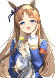  1girl animal_ears armband blue_eyes blush breasts brown_hair commentary facing_viewer grass_wonder_(stone-piercing_blue)_(umamusume) grass_wonder_(umamusume) hair_ornament hand_on_own_cheek hand_on_own_face highres horse_ears horse_girl looking_at_viewer meyamu open_mouth portrait simple_background solo umamusume untranslatable_commentary white_background 