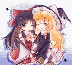  2girls :q ascot black_hat black_jacket blonde_hair bow braid broom brown_eyes brown_hair chinese_commentary commentary_request detached_sleeves fby1313133 frilled_bow frilled_hair_tubes frills gohei hair_bow hair_tubes hakurei_reimu hat hat_bow highres holding holding_broom holding_gohei jacket kirisame_marisa long_hair multiple_girls one_eye_closed open_mouth purple_bow red_bow red_skirt ribbon-trimmed_skirt ribbon-trimmed_sleeves ribbon_trim side_braid single_braid skirt skirt_set smile star_(symbol) tongue tongue_out touhou white_bow witch_hat yellow_ascot yellow_eyes 