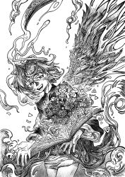  1girl :d ange_katrina ange_katrina_(1st_costume) angel_wings book bright_pupils character_doll commentary_request cowboy_shot crossed_bangs crown doll dress feathered_wings flower greyscale hair_between_eyes hair_intakes hatching_(texture) highres holding holding_book inui_toko linear_hatching lize_helesta looking_at_viewer magic medium_hair monochrome nijisanji open_book open_mouth sanbaka_(nijisanji) sebastian_piyodore short_dress shou-star single_wing smile smoke virtual_youtuber wings 