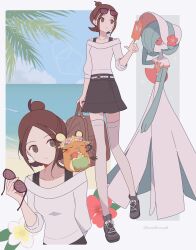  1girl 1other 343rone absurdres beach black_skirt bonnet bra_strap breasts brown_eyes brown_hair capelet coconut coconut_cup collarbone commentary_request drinking_straw drinking_straw_in_mouth eyewear_on_head flower gardevoir hair_bun harmony_(pokemon) hat hat_flower highres holding holding_removed_eyewear holding_suitcase long_sleeves ocean palm_tree pokemon pokemon_(creature) pokemon_legends:_z-a red_eyes rotom rotom_phone shirt shoes short_hair skirt straw_hat suitcase sun_hat sunglasses thigh-highs tree unworn_eyewear water white_bonnet white_capelet white_shirt white_thighhighs 