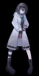  1girl absurdres aqua_eyes aqua_hair arm_warmers belt_collar belted_coat black_arm_warmers black_background black_boots black_hair black_leg_warmers black_shirt boots brown_skirt coat collar commentary cross cross-shaped_pupils double-parted_bangs full_body hair_between_eyes hair_intakes hair_ornament hands_on_own_stomach highres leg_warmers long_hair multicolored_hair open_clothes open_coat original plaid_clothes plaid_skirt platform_shoes shirt shoes sidelocks simple_background single_arm_warmer single_leg_warmer skirt sleeves_past_wrists striped_arm_warmers striped_leg_warmers su_ha_ya symbol-shaped_pupils two-tone_hair white_arm_warmers white_coat white_leg_warmers wolf_cut x_hair_ornament yayo-cha_(su_ha_ya) 