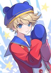  1boy absurdres bisho_imobing_hito blonde_hair blue_eyes blue_hat blue_mittens collarbone commentary_request hat highres kuma_(human)_(persona_4) kuma_(persona_4) long_sleeves looking_at_viewer male_focus mittens open_mouth parted_lips persona persona_4 sailor_collar short_hair solo star_(symbol) 