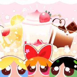  3girls black_hair blonde_hair blossom_cookie blue_eyes bow bubbles_cookie buttercup_cookie chocolate cookie_run cookie_run:_ovenbreak drink food fruit green_eyes hair_bow highres lemon lemon_slice multiple_girls orange_hair pink_eyes powerpuff_girls strawberry yummybunny777 