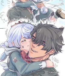  1boy 1girl absurdres black_hair blush bow bowtie character_request commentary ear_piercing earrings english_commentary genshin_impact happy highres hug jewelry kiss kissing_cheek long_hair naya_(onaxart) open_mouth piercing purple_hair red_bow red_bowtie short_hair smile twitter_username wriothesley_(genshin_impact) 