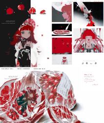  1girl absurdres bag black_nails blunt_bangs brown_eyes character_name choker closed_eyes closed_mouth collarbone colored_skin commission earrings expressionless eyelashes fingernails food fork fruit gem hair_ornament hairband hat highres holding holding_knife izumi_087 jewelry knife looking_at_viewer mihuashi_commission multiple_girls nail_polish necklace open_mouth original own_hands_clasped own_hands_together pink_skin plastic_bag plate pointy_ears pomegranate profile raw_meat red_gem red_hair sample_watermark sidelocks star_(symbol) upper_body watermark 