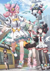  4girls :d ^_^ aircraft angel_wings angels_of_delusion aria_(zenless_zone_zero) arm_up arm_warmers bangboo_(zenless_zone_zero) bare_shoulders belle_(zenless_zone_zero) biggest_fan_(zenless_zone_zero) black_bow black_choker black_hair black_sleeves black_thighhighs blue_hair blue_sky blush bow box breasts building cellphone choker closed_eyes clothing_cutout clouds colored_inner_hair commentary_request day detached_collar detached_sleeves dirigible dress dress_shirt fake_wings fingerless_gloves frilled_dress frilled_socks frills gloves glowstick green_bow green_eyes green_hair green_halo green_streaks grey_skirt grin hair_bow hair_intakes halo high_ponytail highres holding holding_phone hood hooded_jacket jacket kneehighs leg_up leg_warmers looking_at_another low_wings medium_hair miniskirt multicolored_hair multiple_girls nangong_yu navel navel_cutout necktie open_clothes open_jacket open_mouth outdoors penlight_(glowstick) petite phone pink_arm_warmers pink_gloves pink_hair pink_leg_warmers pink_shoes pink_socks pleated_dress pointing pointing_at_another ponytail pouch puffy_short_sleeves puffy_sleeves recording red_eyes red_necktie shirt shoes short_dress short_hair short_sleeves short_twintails sidewalk sideways_mouth single_thighhigh skirt sky skyscraper sleeveless sleeveless_dress small_breasts small_sweatdrop smartphone smile sneakers socks stairs standing standing_on_one_leg strapless strapless_dress streaked_hair striped_arm_warmers striped_leg_warmers sunna_(zenless_zone_zero) t-shirt thigh-highs thigh_pouch thigh_strap twintails utility_pole v white_dress white_shirt white_shoes white_thighhighs wings yukie_(kusaka_shi) zenless_zone_zero 
