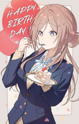  +_+ 1girl absurdres balloon blazer blue_eyes blue_jacket border breasts brown_hair cake cake_slice commentary eating food fork gakuen_idolmaster grey_border hair_bun happy_birthday hatsuboshi_gakuen_school_uniform highres himesaki_rinami holding holding_cake holding_food holding_fork holding_plate idolmaster jacket large_breasts long_hair long_sleeves outside_border plate retyutyu_tyu school_uniform simple_background single_hair_bun solo sweater upper_body white_background yellow_sweater 