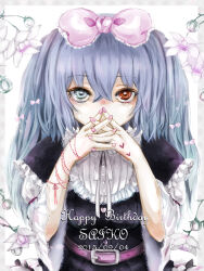  1girl belt belt_buckle bib_collar black_shirt blue_eyes blue_hair border bow bracelet breasts buckle buttons character_name commentary_request crossed_bangs dated flower frilled_bow frilled_shirt_collar frills grey_border hair_between_eyes hair_bow hand_tattoo happy_birthday heart heart_button heart_ring heart_tattoo heterochromia highres jewelry long_hair looking_at_viewer medium_breasts multiple_bracelets nail_polish neck_ribbon pink_belt pink_bow pink_nails red_eyes ribbon shirt shishi_(eai_make) short_sleeves solo straight-on tattoo tokyo_ghoul tokyo_ghoul:re twintails upper_body white_background white_flower white_ribbon yonebayashi_saiko 