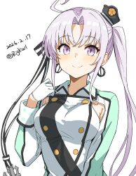  1girl absurdres ahoge akitsushima_(kancolle) anchor_hair_ornament armpit_cutout bigkwl breasts clothing_cutout commentary_request earrings gloves h8k hair_ornament hat highres jewelry kantai_collection long_hair long_sleeves medium_breasts military_uniform mini_hat purple_hair side_ponytail smile solo very_long_hair violet_eyes white_gloves 