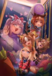  +_+ 1girl against_glass agnes_digital_(casual)_(umamusume) agnes_digital_(umamusume) ahoge animal_ears aqua_coat blue_eyes blue_sports_bra blush bow brown_hair carrot casual character_doll coat commentary copano_rickey_(umamusume) copano_rickey_(yin-yang_bagua_lucky_costume)_(umamusume) crane_game detached_sleeves doll double_bun dress ear_covers ear_ribbon espoir_city_(red_devil_gear)_(umamusume) espoir_city_(umamusume) face_against_glass fang fur_trim hair_between_eyes hair_bow hair_bun hair_ornament heart highres horse_ears horse_girl horse_tail jacket koicoyart long_hair long_sleeves midriff mismatched_ear_covers multicolored_hair open_mouth orange_hair pink_hair pink_jacket purple_scarf red_bow red_eyes red_jacket scarf shinko_windy_(umamusume) shinko_windy_(wicked_punk)_(umamusume) shirt short_hair shorts skirt smile sports_bra stuffed_carrot stuffed_toy tail tassel tassel_hair_ornament tongue tongue_out transcend_(umamusume) transcend_(zoku-zoku_gizmo)_(umamusume) umamusume violet_eyes white_hair yellow_dress yellow_shirt yellow_sleeves 