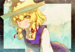  1girl :t blonde_hair blush breasts brown_hat closed_mouth hair_ribbon hat highres long_hair long_sleeves looking_at_viewer moriya_suwako pout purple_skirt purple_vest red_ribbon ribbon rinka_(qqqrinkappp) skirt skirt_set small_breasts solo touhou traditional_media tress_ribbon vest yellow_eyes 